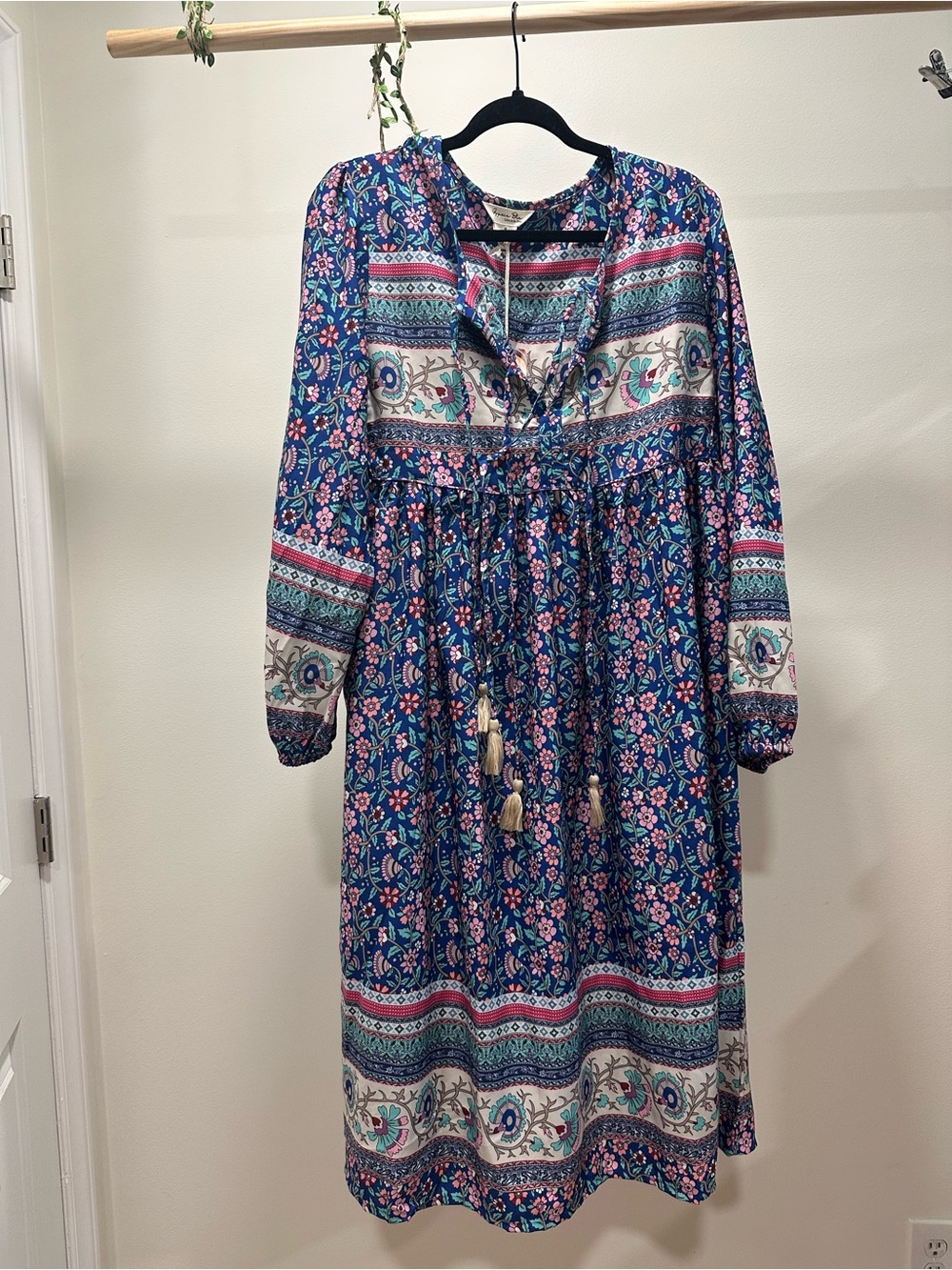 Boho Floral Midi Dress with Tassel Tie - Blue